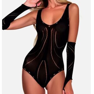 Hauty Women's Forever Lace Up Black Teddy Bodysuit With Detached Sleeve Gloves